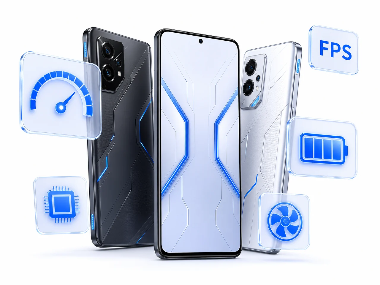 Three gaming smartphones shown with performance meter, FPS, processor, battery and cooling indicators