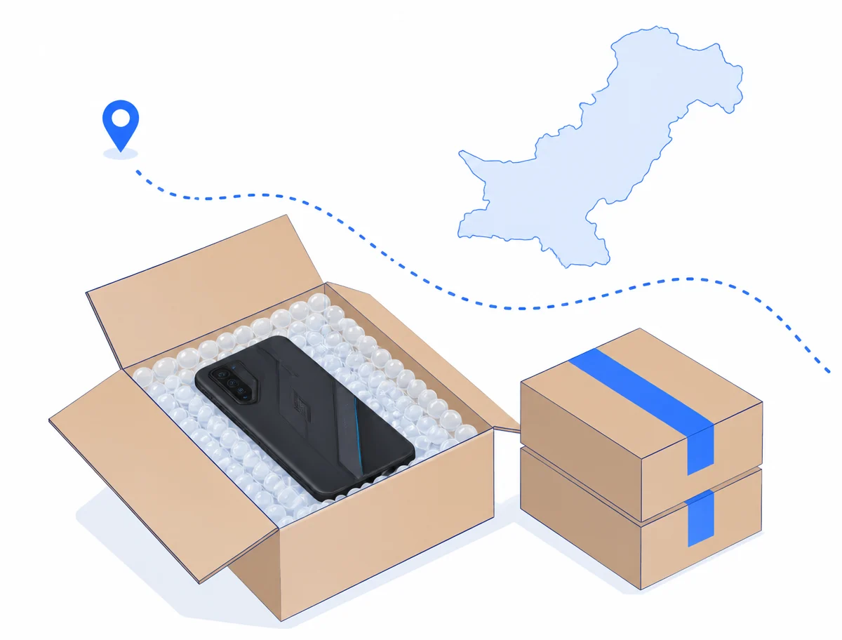 Gaming smartphone packed in protective padding inside a sealed 57 Reflex delivery box with a Pakistan delivery route