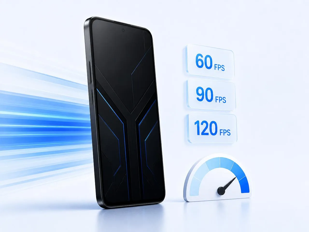 Gaming smartphone illustration beside 60 FPS, 90 FPS and 120 FPS labels and a performance meter