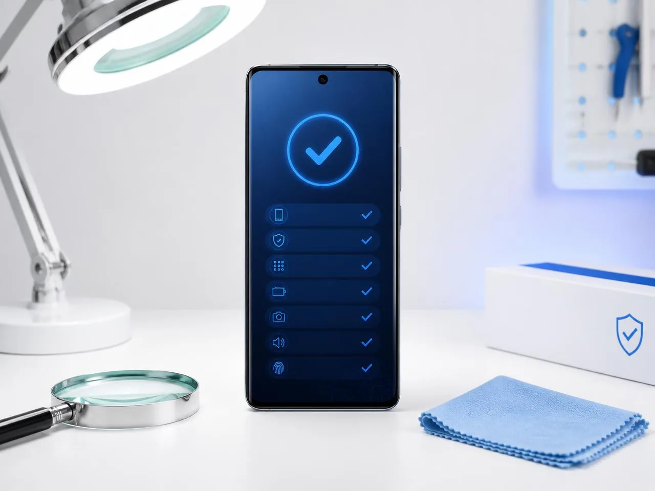 Clean gaming smartphone under an inspection lamp showing an on-screen condition checklist