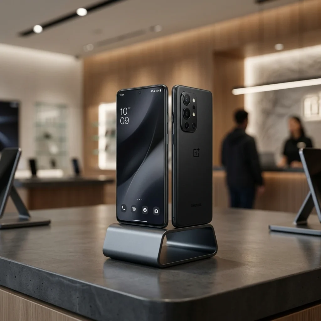 OnePlus Turbo 6 5G Obsidian Black gaming phone front and back panel shown on stand