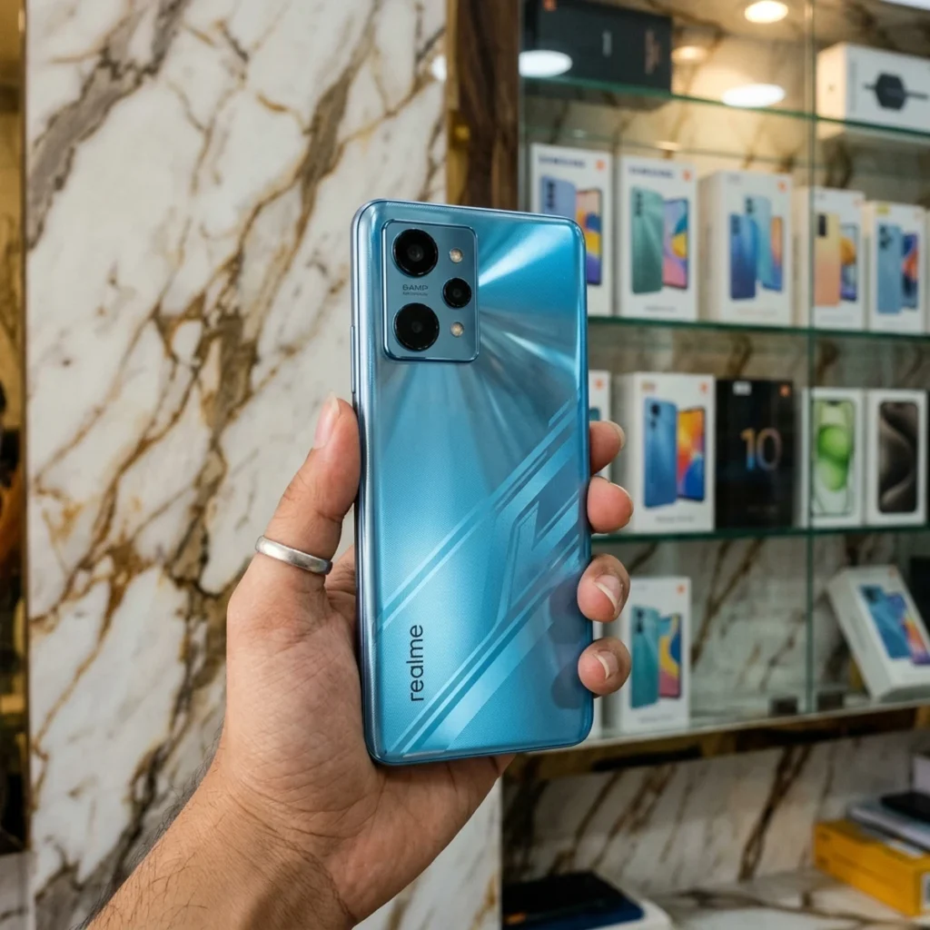 Realme Neo 8 5G back panel held in hand inside mobile store