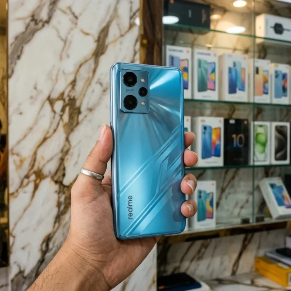 Realme Neo 8 5G back panel held in hand inside mobile store