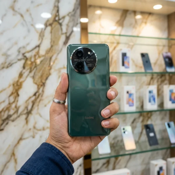 Redmi K80 Ultra Forest Green back panel held in hand inside mobile store